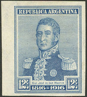 ARGENTINA: GJ.405P, 1916 12c. San Martín With VERTICAL Honeycomb Wmk And IMPERFORATE, With Left Sheet Margin, Excellent  - Unused Stamps