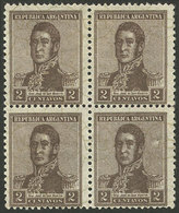 ARGENTINA: GJ.559a, 1922 2c. San Martín, Block Of 4 With INVERTED Watermark Printed On Front, Perf 13½x12½, MNH (+50%),  - Unused Stamps