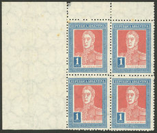 ARGENTINA: GJ.586, 1P. San Martín With Sun Wmk, Corner Block Of 4 Printed On VERY RARE VERY THIN PAPER (80 Microns), Spe - Nuovi