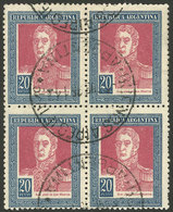 ARGENTINA: GJ.589, 1923 20P. San Martín With Sun Wmk, Fantastic Block Of 4 Postally Used With Datestamp Of Buenos Aires, - Unused Stamps