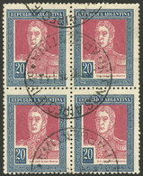 ARGENTINA: GJ.589, 1923 20P. San Martín With Sun Wmk, Fantastic Block Of 4 Postally Used With Datestamp Of Buenos Aires, - Ungebraucht