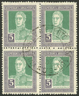 ARGENTINA: GJ.591, 1923 San Martín 5P. With Honeycomb Wmk, Postally Used Block Of 4, With Double Circle Cancel Of PUERTO - Unused Stamps