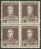 ARGENTINA: GJ.596d, 1924 2c. San Martín, Block Of 4 Including Pair WITH And WITHOUT PERIOD, VF! - Unused Stamps