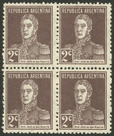ARGENTINA: GJ.596d, 1924 2c. San Martín, Block Of 4 Including Pair WITH And WITHOUT PERIOD, VF! - Nuovi
