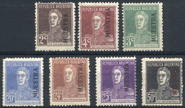 ARGENTINA: GJ.596/598 + 602/604 + 606, 1924 San Martín W/o Period, Smooth Paper, 7 Values Of The Set With MUESTRA Overpr - Unused Stamps