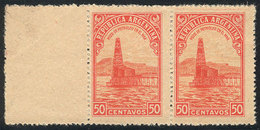 ARGENTINA: GJ.759, 1935 50c. Petroleum, COLOR PROOF, Extremely Rare Pair WITH LABEL At Left, One Of The 2 Or 3 Known Cop - Unused Stamps