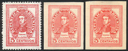 ARGENTINA: GJ.871, 1942/52 5c. San Martín, 3 Different TRIAL COLOR PROOFS, One Perforated And Printed On Thin Opaque Pap - Unused Stamps