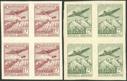 ARGENTINA: GJ.931P + 932P, 1946 LADE Airplane Flying Over The Iguazú Falls And Andes Mountains, IMPERFORATE BLOCKS OF 4, - Unused Stamps