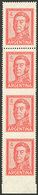 ARGENTINA: GJ.1138PH, 1959 4P. San Martín, Strip Of 4, 3 Stamps IMPERFORATE HORIZONTALLY, MNH, Superb, Rare! - Nuovi