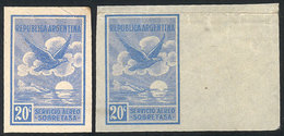 ARGENTINA: GJ.640, 1928 20c. Ultramarine, PROOF Printed On Medium Paper In The Original Color + Another Proof In A Sligh - Poste Aérienne