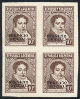 ARGENTINA: GJ.635, 1935 10c. Rivadavia, COLOR PROOF, Block Of 4 Printed On Paper With Unsurfaced Front, Fine To VF Quali - Servizio