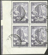 ARGENTINA: GJ.725a, 20P. Fitz Roy Mount With INVERTED Ovpt., Very Rare Used Block Of 4 With Sheet Corner, Superb, Probab - Servizio