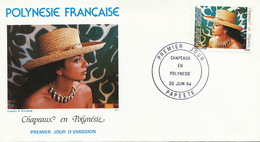 First Day Cover Tahiti Papeete 1984  Chapeaux  Polynesiens  Jeune Fille Vahiné - Polynésie Française