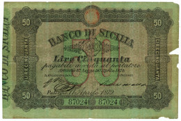 50 LIRE BANCO DI SICILIA BIGLIETTO AL PORTATORE 11/04/1879 MB+ - Sonstige & Ohne Zuordnung