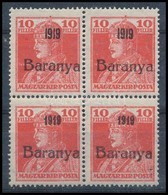 * Baranya I. 1919 Károly 10f 4-es Tömbben 2-2 Groteszk és Antikva évszámmal, Bodor Vizsgálójellel - Andere & Zonder Classificatie