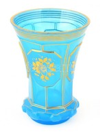 Csiszolt, Kék Opálüveg Kis Váza, Kézzel Festett, Apró Kopásokkal, M: 12,5 Cm - Glas & Kristal