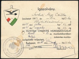 1941 Egyetemi Önkéntes Munkaszolgálat Igazolványa. - Sin Clasificación