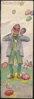 Ca 1930 Jánossy Jelzéssel: Kellemes Húsvétot. Humoros Grafika. Akvarell, Papír. Jelzett. 20x7 Cm - Autres & Non Classés