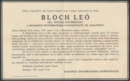 1947 Bp., Bloch Leó Okleveles építész Halotti értesítője - Zonder Classificatie