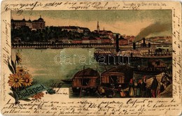 T2/T3 Budapest, Pesti Rakpart és Királyi Vár, Piac. Gustav Ertel Floral, Litho - Zonder Classificatie