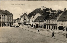 ** T4 Segesvár, Schässburg, Sighisoara; Utcakép, Zimmermann Testvérek, Richter üzlete / Street View, Shops (non PC) (vág - Non Classés