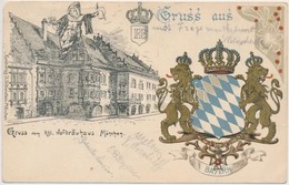 T3 München, Gruss Vom Kgl.  Hofbrauhaus / Greeting From The Royal Beer Hall, Coat Of Arms, Golden Decoration, Litho (fa) - Non Classés