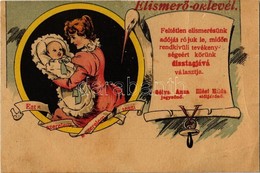 T3 Elismerő Oklevél. Humoros Lap Babát Tartó Hölggyel / Humorous 'certificate' For Newborn Babies And Their Mothers, Lit - Unclassified