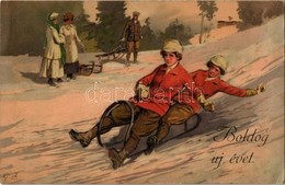 T2/T3 1911 Boldog Újévet! / Winter Sport Art Postcard With New Year Greeting, Sledding. Meissner & Buch Künstler-Postkar - Non Classificati