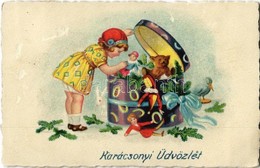T3 1927 'Karácsonyi Üdvözlet', üdvözlőlap / Christmas Greeting Card, Girl With Presents, Litho (surface Damage) - Sin Clasificación