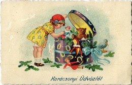 T3 1927 'Karácsonyi Üdvözlet', üdvözlőlap / Christmas Greeting Card, Girl With Presents, Litho (surface Damage) - Unclassified