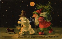 T2 1916 'Kellemes Karácsonyi Ünnepeket', üdvözlőlap, Törpe Mikulás / Christmas Greeting Card, Dwarf Santa Claus, Snowman - Sin Clasificación