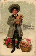 T2/T3 1908 'Boldog újévet', üdvözlőlap, Dombornyomat / New Year Greeting Card, Boy With Pigs, Flowers, Emb. Litho (kis S - Sin Clasificación