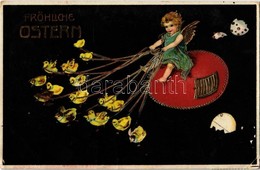 T2/T3 1909 'Fröhliche Ostern' / Easter Greeting Card, Chickens, Angel, Egg, Golden Decoration, Emb. Litho (EK) - Sin Clasificación