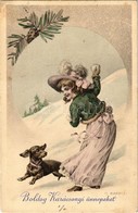 T2 1971 'Boldog Karácsonyi ünnepeket', üdvözlőlap / Christmas Greeting Card, Girl With Dog, No. 143 S: R. Kratki - Sin Clasificación