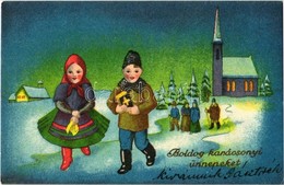 * T2 'Boldog Karácsonyi ünnepeket', üdvözlőlap / Christmas Greeting Card, Winter, Church, Children In Folk Costumes, Fol - Ohne Zuordnung