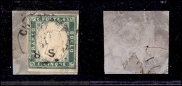 ANTICHI STATI ITALIANI - Sardegna - 1855 - 5 Cent (13c - Verde Pisello) Usato Su Frammento (4.750) - Sonstige & Ohne Zuordnung