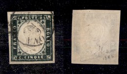 ANTICHI STATI ITALIANI - Sardegna - 1857 - 5 Cent (13Ab - Verde Mirto Scuro) - Usato - Sorani (1.400) - Autres & Non Classés