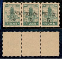 OCCUPAZIONI I GUERRA MONDIALE - Fiume - 1919 - Franco 5 Su 20 Cent (A 75 Cba) - Striscia Di Tre Con Soprastampe Oblique  - Other & Unclassified