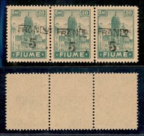 OCCUPAZIONI I GUERRA MONDIALE - Fiume - 1919 - Franco 5 Su 20 Cent (A 75 Cba) - Striscia Di Tre Con Soprastampe Oblique  - Autres & Non Classés