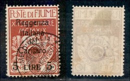 OCCUPAZIONI I GUERRA MONDIALE - Fiume - 1920 - 5 Lire Su 10 Cent (145 T) - Usato - Senza Emblema Al Verso (800) - Other & Unclassified