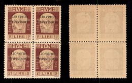 OCCUPAZIONI I GUERRA MONDIALE - Fiume - 1921 - Governo Provvisorio - 2 Lire - (160a-rosso Solferino) In Quartina - Gomma - Autres & Non Classés