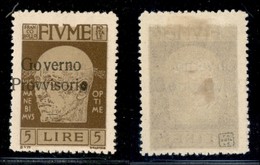 OCCUPAZIONI I GUERRA MONDIALE - Fiume - 1921 - 5 Lire D'Annunzio (162 Ob) - Soprastampa A Sinistra + O Chiusa - Gomma Or - Autres & Non Classés