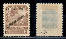 OCCUPAZIONI I GUERRA MONDIALE - Fiume - 1921 - 5 Lire Costituente (174 Varietà Ca) -soprastampa Obliqua - Gomma Original - Other & Unclassified