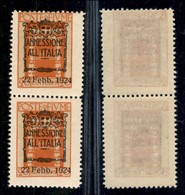OCCUPAZIONI I GUERRA MONDIALE - Fiume - 1924 - 20 Cent Annessione (217 Varietà) - Coppia Verticale Con Dentellatura Ruot - Other & Unclassified