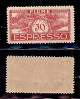 OCCUPAZIONI I GUERRA MONDIALE - Fiume - 1920 - Non Emesso - 30 Cent Rosa (1A) - Gomma Integra - Diena + Mondolfo (2.250) - Other & Unclassified
