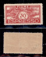 OCCUPAZIONI I GUERRA MONDIALE - Fiume - 1920 - Non Emesso - 30 Cent Rosa (1A) - Gomma Integra - Diena + Mondolfo (2.250) - Autres & Non Classés