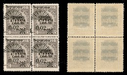 OCCUPAZIONI I GUERRA MONDIALE - Fiume - 1921 - 0.02 Su 15 Cent (25 S/sa) - Quartina - L A Cavallo - Gomma Integra - Other & Unclassified