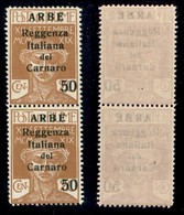 OCCUPAZIONI I GUERRA MONDIALE - Arbe - 1920 - 50 Cent Su 20 (9) - Coppia Verticale - Gomma Integra (600) - Sonstige & Ohne Zuordnung