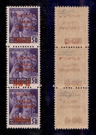 C.L.N. - Valle Bormida - 1945 - Soprastampa Vermiglio - 50 Cent (5A) In Striscia Verticale Di Tre Con Soprastampe Spazia - Other & Unclassified