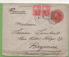 Argentina 10c On Stationary Cover 5c From Mercedes San Luis To Bayonne France 21/02/1908 - Covers & Documents